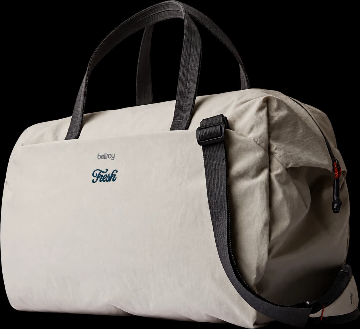 Bellroy Lite Recycled Duffle in Ash with the Fresh script logo, customization mockup