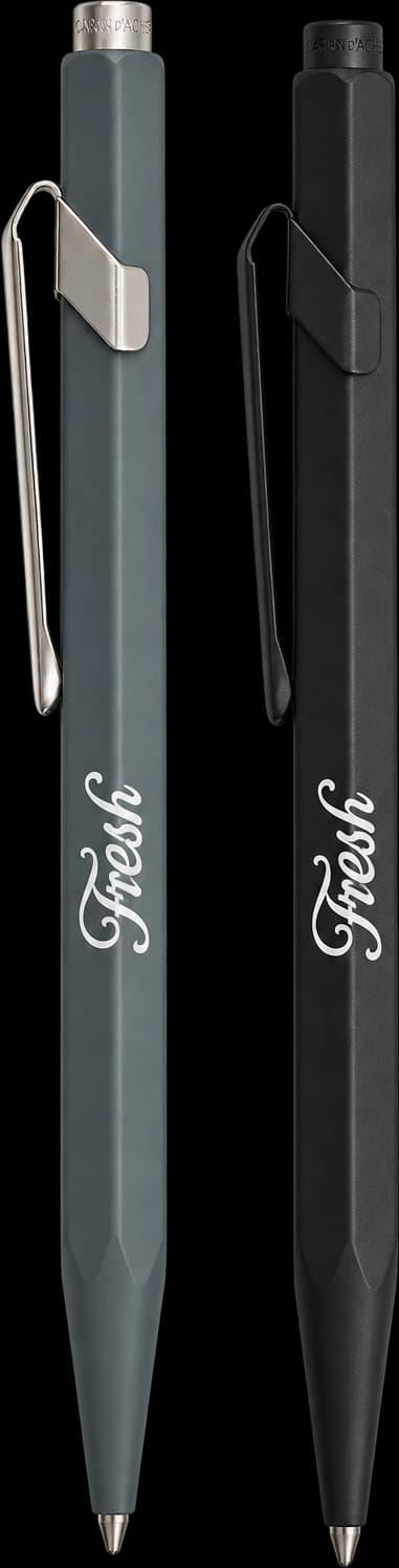 Caran d’Ache 849 Classic and Black Code pens with the Fresh script logo, customization mockup